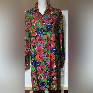 NWT Embellished FLORAL SHIRT DRESS Women’s Sz M; LS Button Front